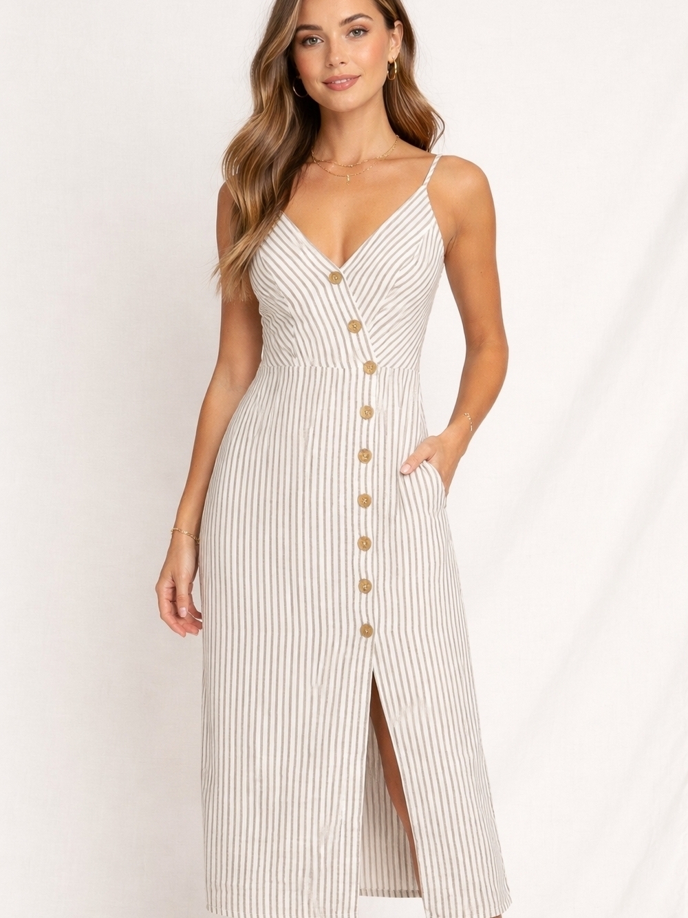 Urban Outfitters Linen White And Black Gray Striped Button-Front Midi Dress Sz L